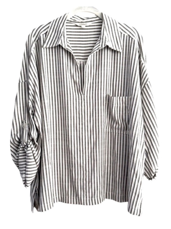 Max Studio Tops - Max Studio Relaxed Fit Blouse Tab Sleeve Pocket Striped Black White Size XL